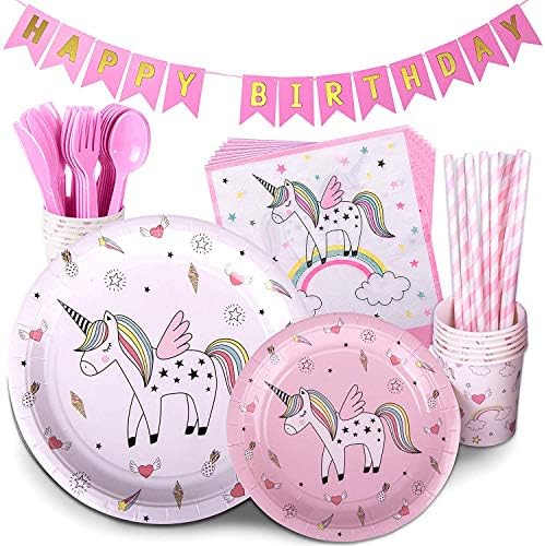 Simplefirst Unicorn Party Supplies Set Birthday Tableware Set Including Paper Plates, Cups, Straws, Forks Birthday Banner and Napkins 72pcs (Pink)