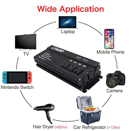 Cantonape 1000W/2000W(Surge) Car Power Inverter DC 12V to 110V AC with 5 Outlets, 4 USB Ports and Input Output LED Display