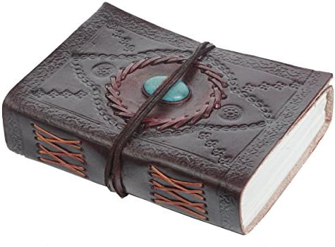 Handmade Embossed Leather Diary Journal with Semi Precious Stone, Dark Camel Color, Perfect Christmas Gifts/Thanksgiving Gifts