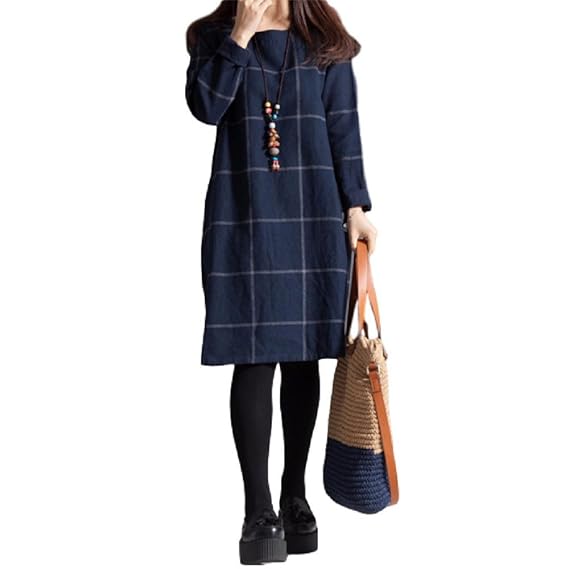 Amazon Rzブランド ワンピース ネイビー M L 麻 レディース チェック
