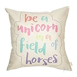 Fahrendom Pastel Nursery D&eacute;cor Be a Unicorn in a Field of Horses Motivational Sign Inspirational Quote Decoration Cotton Linen Home Decorative Throw Pillow Case Cushion Cover for Sofa Couch 18 x 18 In
