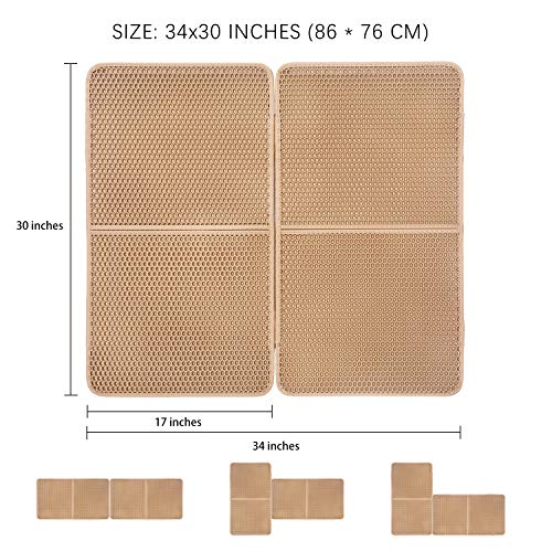 lesotc Cat Litter Mats Extra Large, Large Cat Litter Mat Litter Trapping, Jumbo Cat Litter Mats for Litter Box, Double-Layer, Waterproof, PU Leather Edge,(34" X 30", Beige)