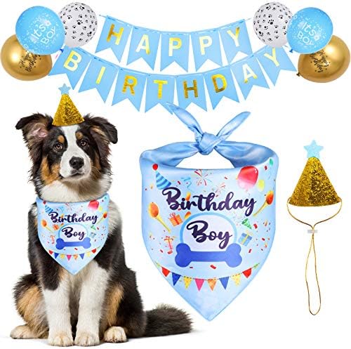 Dog Birthday Bandana Boy, Cute Birthday Party Supplies with Hat and Happy Birthday Banner Flag and Balloons, Dogs First Birthday Party Triangle Scarf for Dog Outfit Decorations (Blue2 – Boy)