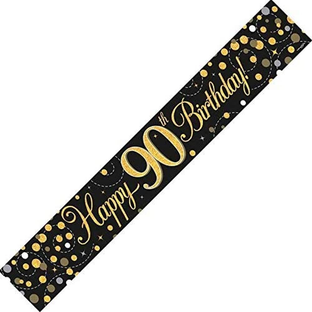 9ft Banner Sparkling Fizz 90th Birthday Black & Gold Holographic