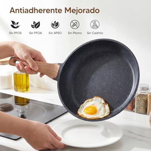 OSLIFE Juego de Sartenes Antiadherentes Granito, 3 Piezas: Sartén Pequeño 21 cm, Sartén Grande 25 cm y Sartén para Crepas 30 cm, Saludable, Apto para Gas, Inducción y Eléctrica, crepera，Libre de PFOA