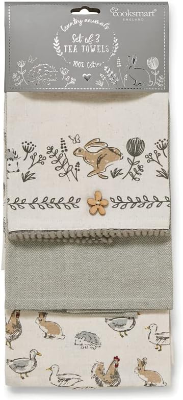 Cooksmart Country Animals Set 3 Tea Towels Absorbent Cotton Kitchen Dish Cloths