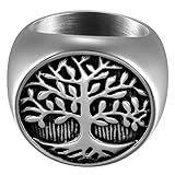 Flongo Men's Religious Stainless Steel Vintage Life Tree Band Ring, Christmas Wedding Band, Anniversary Tree of Life Valentine Gift Turkish Jewelry Men Ring