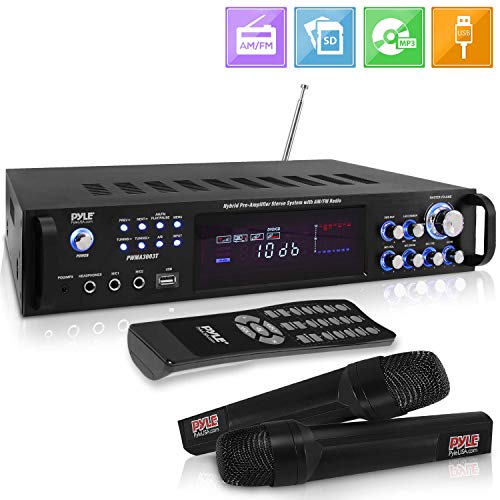 4 Channel Home Audio Power Amplifier – 3000 Watt Stereo Receiver w/ Speaker Selector, AM FM Radio, USB, Headphone, 2 Wireless Mics for Karaoke, Great for Home Entertainment System – Pyle PWMA3003T