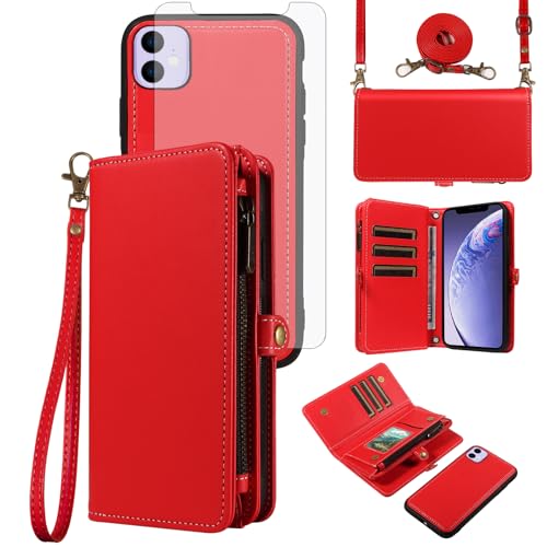 Asuwish Phone Case for iPhone 11 6.1 Zipper Wallet Detachable Cell Cover with Screen Protector Crossbody Lanyard Strap Flip Card Holder Slot iphone11case iPhone11 i Phone11 11s XI 11R Red