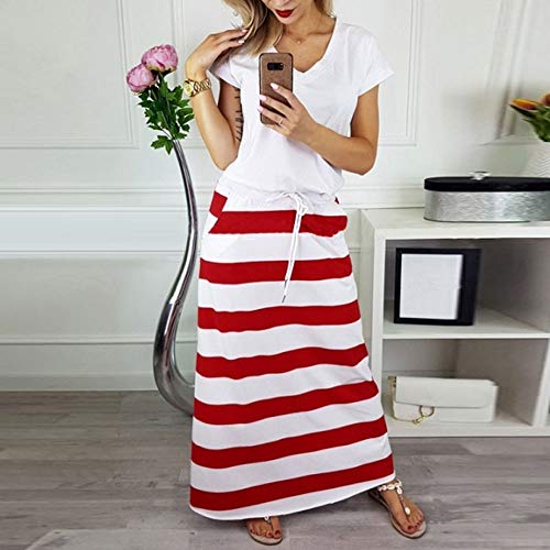 Clearance! Elogoog Womens Casual Elastic Waist Stripe Skirt Stretch Hight Waist Stripe Maxi Long Skirts with Pockets (L, Red) - Thumbnail 2