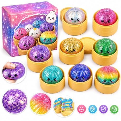 Posten Anker XXL Glitzer Squishy Dumpling Mystery Box 1 von 6 Sorten – Virale Squishy Steamed Buns 10 cm – Anti Stress Kawaii Mochi Squishies – Cute Mystery Korb Geschenkidee - Glitzer Füllung