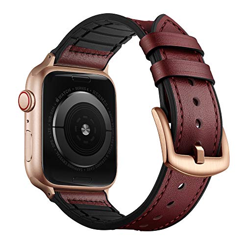 OUHENG Leather Bands Compatible with Apple Watch Band 49mm/46mm/45mm/44mm/42mm, Leather Rubber Hybrid Strap for iWatch Ultra 3/2/1 Series 11 10 9 8 7 6 5 4 3 2 1 SE 3/2/1, Wine Red/Rose Gold
