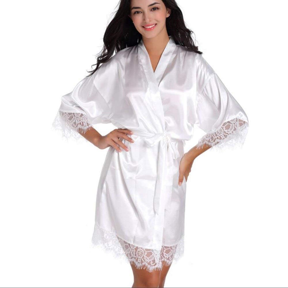 Luxury Bathrobe Ladies Bathrobe Silk Satin Lace Edge Waist Kimono