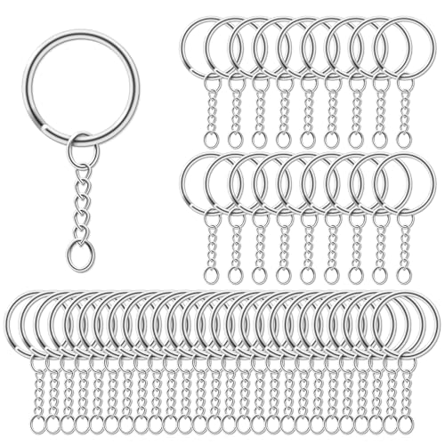 AiQInu 100 Pezzi 25mm Anelli Portachiavi con Catena, Anelli per Portachiavi con Catenella Split, Portachiavi Fai da Te per Porta Chiavi Mestieri Lavori di Bricolage - Argento
