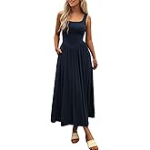 Mieazom Women's Summer Maxi Dress 2026 - Sleeveless Square Neck Casual Beach Sundress with Pockets, Flowy Patchwork Knit