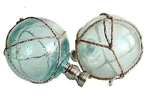 Netted Aqua Glass Lamp Finials on Brushed Nickel Bases - A Pair