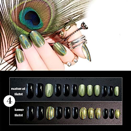 Micup Chrome Oval Fake Nails Tips Kit Bright UV Gel Nail Art Salon Full Cover Acrylic False Nails - 24Pcs Artificial Manicure Set (04)