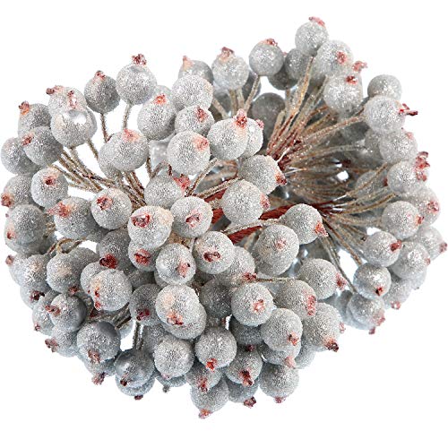 BBTO 100 Wired Stems of Artificial Holly Berries Artificial Flower Decor 200 Pack 12 mm Mini Christmas Frosted Fruit Berry (Silver)