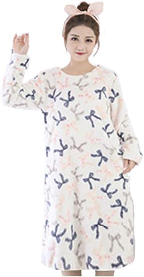 Amazon ネモフィオール 在庫処分 パジャマ ワンピース ナイトウェア ルームウェア もふもふ もこもこ 長袖 フランネル かわいい レディース ホワイト リボン L ルームワンピース ネグリジェ 通販