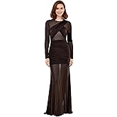 Caviotess Women’s Sexy Sheer Mesh Long Sleeve Maxi Dress Elegant Asymmetric Ruched Bodycon Formal Dress Cocktail Dresses
