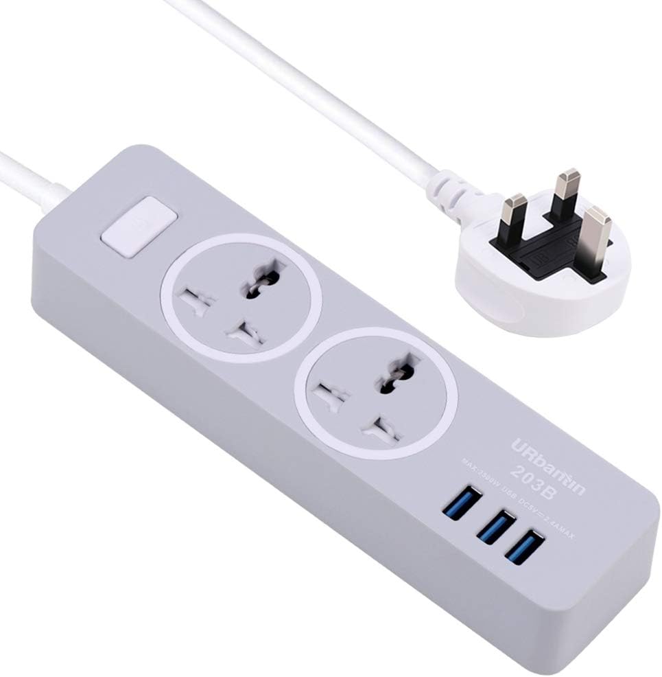 URbantin 2 Way Outlets Extension Lead with 3 USB Slots, 2 Gang Power