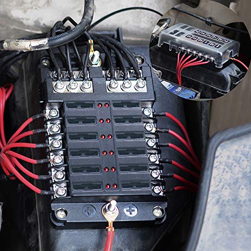 12-Way Fuse Block W/Negative Bus – WUPP ATC/ATO Fuse Box with LED Warning Indicator & Durable Protection Cover for Automotive Car Boat Marine RV Truck DC 12-24V, Fuses Not Included