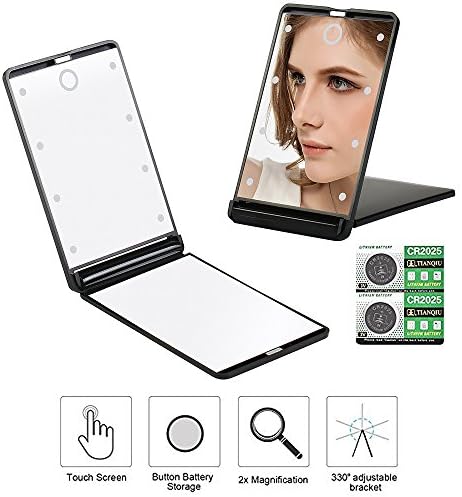 Travel Makeup Mirror with 8 Dimmable Led Lights,Compact Portable Touch Switch Mirrors,Fcebsty LED Lighted Pocket Mirror ,2 x magnifying (black)