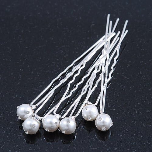Bridal/Wedding/Prom/Party Set Of 6 Rhodium Plated Crystal Simulated Pearl Hair Pins, silver, white / ivory - Image 5