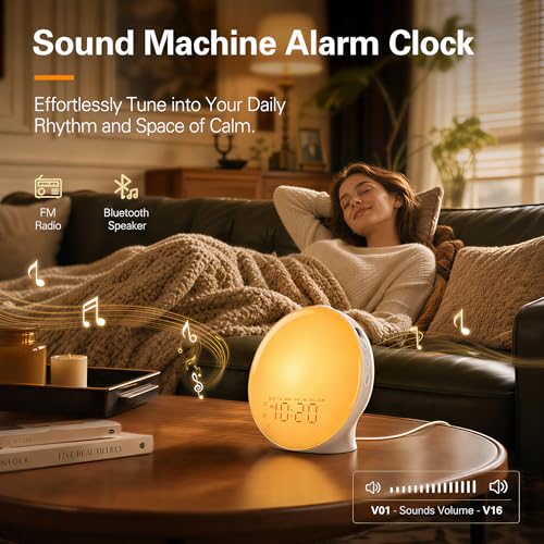 Wake Up Light Sunrise Alarm Clock for Kids, Heavy Sleepers, Bedroom, with Sunrise Simulation, Sleep Aid, Dual Alarms, FM Radio, Snooze, Nightlight, Daylight, 7 Colors, 7 Natural Sounds, Ideal for Gift