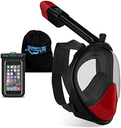 DivingLine Full Face Snorkel Mask with GoPro Mount | Anti-Fog Panoramic View | Built-In Top Snorkeling Tube | Adults and Kids | Adjustable Head Straps Includes Waterproof Phone Case (Black/Red, L/XL)