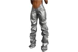 LROSEY Faux Leather Stacked Pants for Women – Sexy Y2K Rave Concert Low Rise V Waist Streetwear Space Alien Costume
