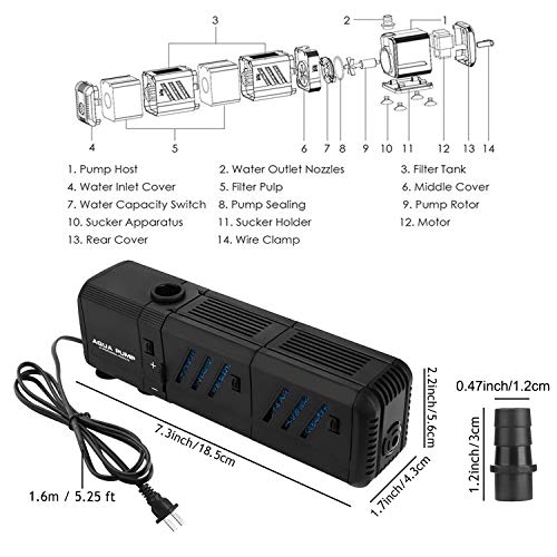 ZEETOON Submersible Water Pump Aquarium Air Pump Fish Tank Filters Aerator Multifunction Quiet Adjustable, 3.2ft High Lift 210 GPH (800L/H 8W) with 2 Nozzle 1 Boost Oxygen Hose 2 Artificial Plants - Thumbnail 5