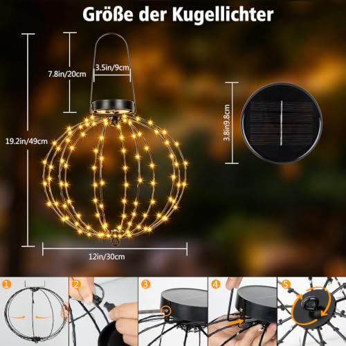 ZAIYW Pack of 2 Solar Light Ball Hanging Outdoor, 30 cm Solar Hanging LED Ball Lights with 8 Modes Timer, 240 LED Foldable Waterproof Light Ball for Garden Balcony Party Decoration (Warm White)