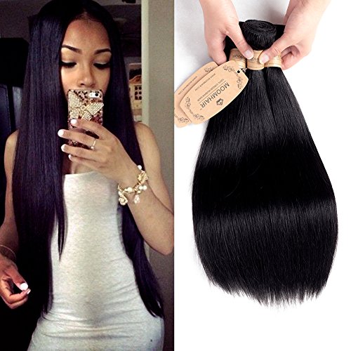 Brazilian Virgin Hair 3 Bundles 300g Human Hair Extensions Weaves Natural Black Straight MOOMHAIR (161820")