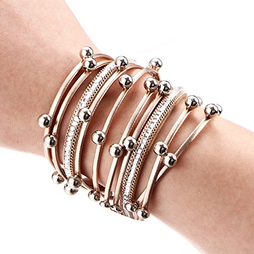 17KM Women Stylish Bracelets Multilayers Silver Beads Leather Bracelets Fashion Charm Wrap Cuff Bracelet for Girls