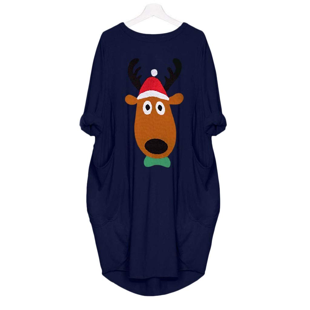 Robe De Noel Femme Grande Taille Pull Robe Pas Cher Noel Imprime Robe Casual Manche Longue Poches Enceinte Youngii Casual Vetements