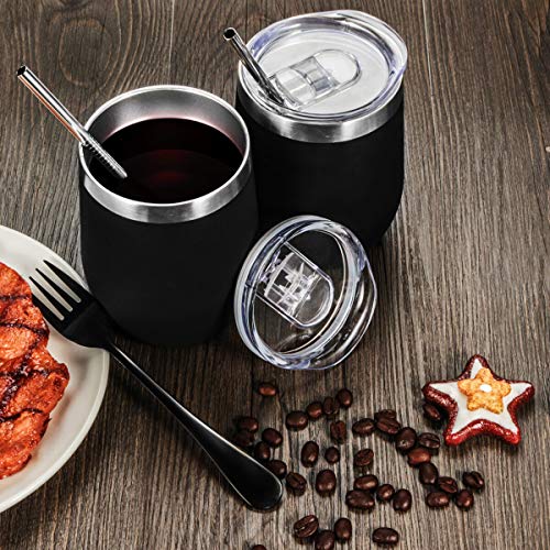 Fungun 12 oz Stemless Wine Tumbler, Stainless Steel Wine Glass, Insulated Tumbler with Lids for Wine, Coffee, Drinks, Cocktails, 2 Sets Including 2 Pieces Straws and Brush (Black)