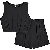 AUTOMET Women's Summer 2 Piece Outfits Shorts Sets Sleeveless Round Neck Crop Tank Top and High Waisted Short with Pockets