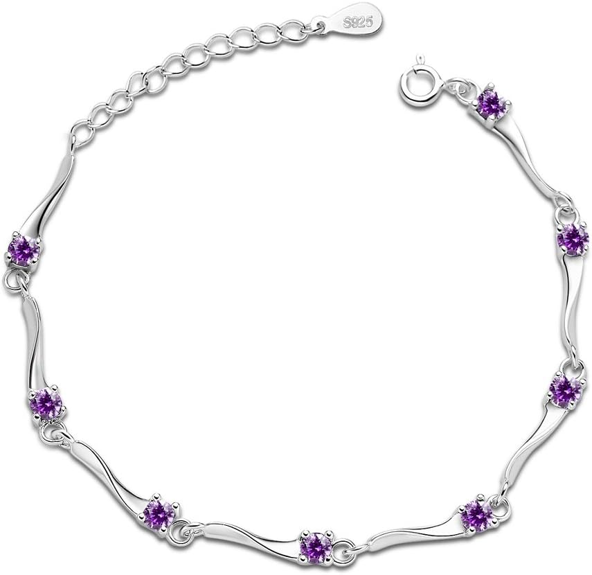 Candira 925 Sterling Silver Wave Linked Bracelet (Purple)