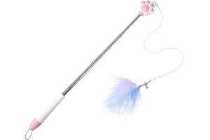 Hrokz Cat Feather Wand for Indoor Cats, Pink Interactive Cat Toy Retractable Kitten Fishing Pole with Bell, Cat Paw Shaped Cat Teaser Toys