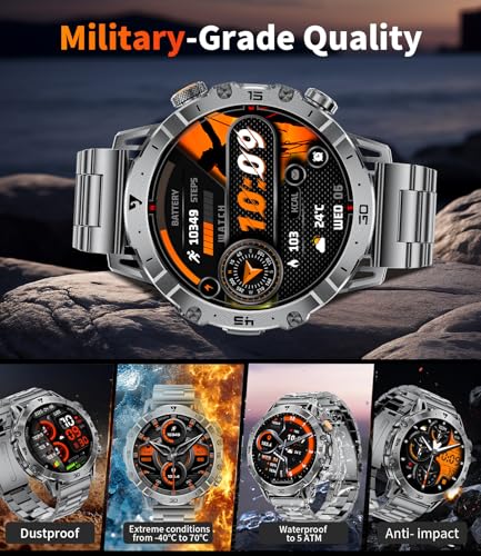 HIRREO EF18 Military Smart Watch for Men, 1000 mAh Large Battery, 1.85″ HD Smartwatch with LED Flashlight/Sleep/100+ Sports, IP68 Waterproof Smart Watches for Android iOS (3 Straps), Black