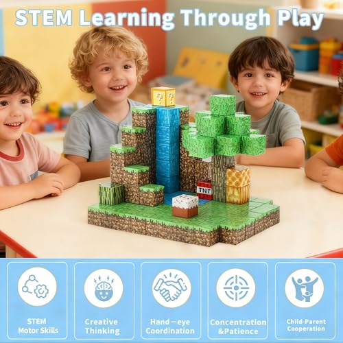 MEESHEEP 128PCS Magnetic Blocks - Waterfall, Build Exact Models Shown in Pictures | STEM Montessori Toys for Girls & Boys Age 3-10 | Inspiring Creativity, Imagination | Suprise Gifts for Kids