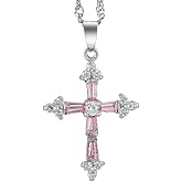 RIZILIA Faith Cross Necklace for Women - Trapezoid Round Cut Multi Color Birthstone Options - 18K White Gold Plated CZ Pendant, 18"+2" Chain - Gift Boxed for Her, Mother Birthday Anniversary