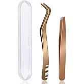 B&Qaugen False Eyelash Applicator Tool 2 pieces for Lash Clusters, Gold DIY Eyelash Tweezers Set (Golden,2pcs)