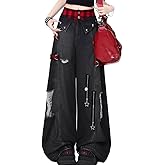 kakarin choyx Harajuku Gothic High Waisted Straight Leg Jeans Y2K Casual Ripped Fringe Patchwork Star Zipper Denim Pants