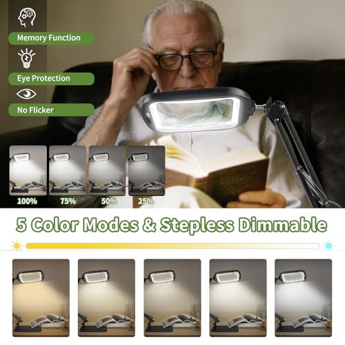 GABORISH Table Magnifier with Light and Stand, Rectangular Magnifying Lamp with 60 LEDs, 5 Colour Modes and Dimmable, Hands-Free Standing Magnifier with Light, 2-in-1 Magnifying Lamp with Clamp and Base for Reading Closework