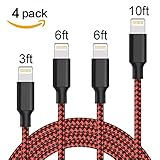 Phone Charger,4Pack 3FT 6FT 6FT 10FT Extra Long High-Speed Nylon Braided Charging Cable Compatible for iPhone X 8/7/7 Plus/6/6 Plus/6S/6S Plus, SE/5S/5,iPad,iPod Nano 7 - Black and Red