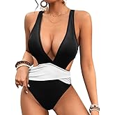 Favnac Women's One Piece Cut Out Bathing Suit Sexy Deep V Neck Cross Back Tie Ruched Swimsuit