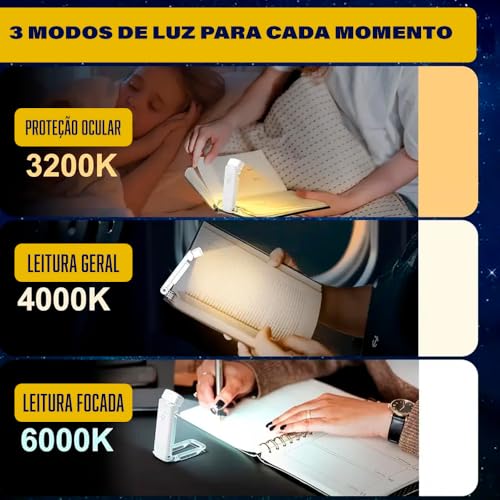 Luz de Leitura Para Livro Luminária de Livros - LED Quente Neutra Fria - Nível de Iluminação Ajustável - Ideal para Estudar ou Ler a Noite - Recarregável USB