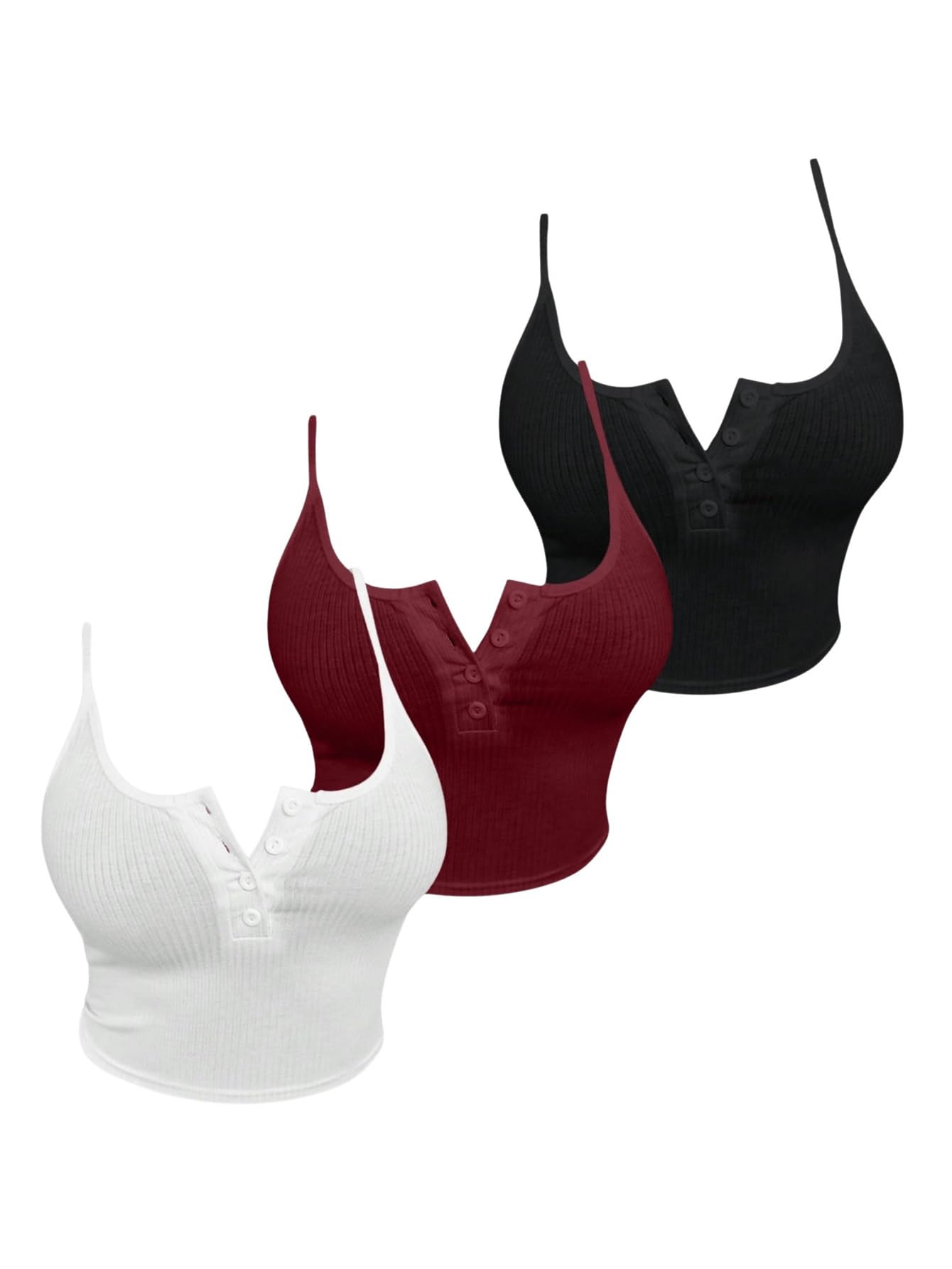 Photo 1 of SOLY HUX Women's Button Down Ribbed Cami Top 3 Piece Spaghetti Strap Sexy Crop Camisole Tops White Burgundy Black Medium